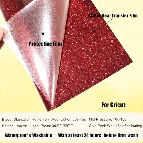 Image of Red Glitter Heat Transfer Vinyl Red Glitter Vinyl Glitter HTV Vinyl Rolls Pack 12Inch x 5Feet Iron on Vinyl for Cricut T-Shirts DIY Design, Silhouette Cameo & Heat Press Machine