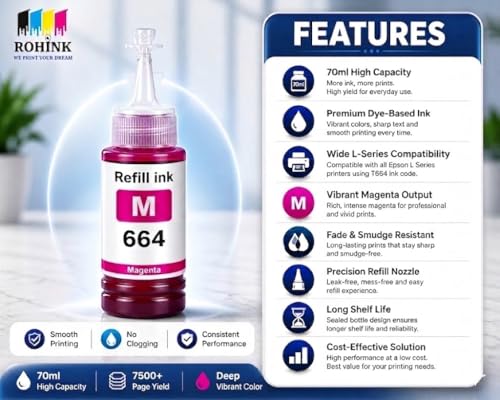Image of ROHINK T664 Compatible Refill Ink for Epson L130, L360, L380, L361, L565, L210, L220, L310, L350, L355, L605, L1300 Printer (EPSON T664 Magenta Pack 2)