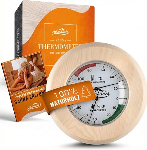 ALPENHAUCH Sauna Thermometer Hygrometer Holz [2in1 Funktion] - Besonders präzises Saunathermometer mit gehärtetem Glas - Automatische Kalibrierung - Edles Sauna Zubehör - Hygrometer Thermometer Sauna