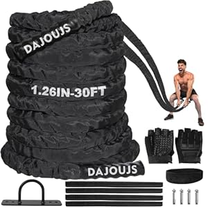 Battle Rope Workout Equipment 1.26 Inch Diameter 30FT Exercise Heavy Weighted Gym Battle Rope with Protective Cover Exercise Equipment Core Strength Training