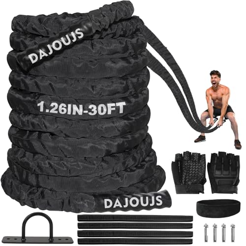 Battle Rope Workout Equipment 1.26 Inch Diameter 30FT Exercise Heavy Weighted Gym Battle Rope with Protective Cover Exercise Equipment Core Strength Training