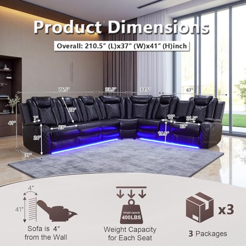 Image of Power Recliner Sectional Sofa with LED Light for Living Room, Black Leather Reclining Sofa Corner Sectional Couches Set, Cup Holder, Storage Console for Home Theater Seating