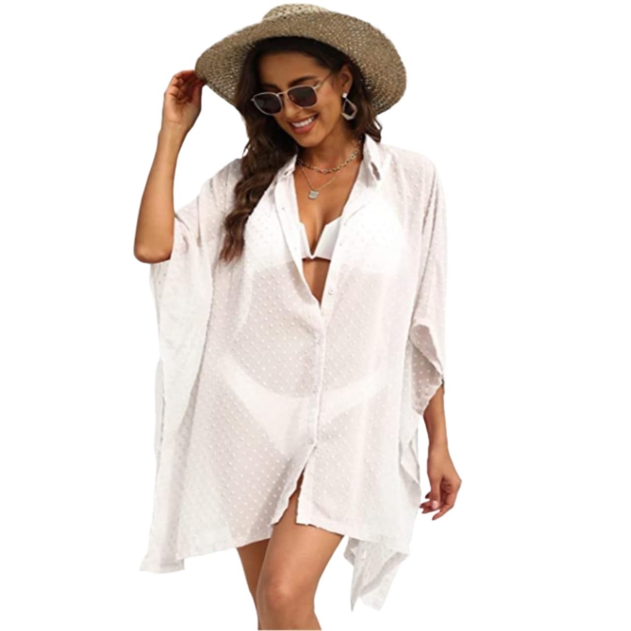 Strandkleid Swimsuit Cover Up for Women Plus Size Bathing Suit Cover Up Button Up Shirts Dots Splicing Casual Beach Cover Ups Strandkleider(Blue,L)