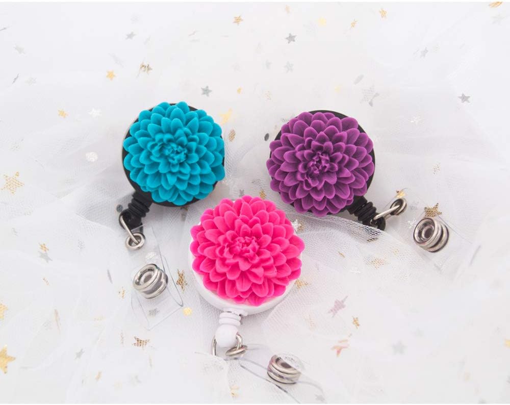 3 Pack Flower Retractable Badge Holders, ID Badge Reel Clips for Women Nurse, 24 Inches Durable Nylon Cord