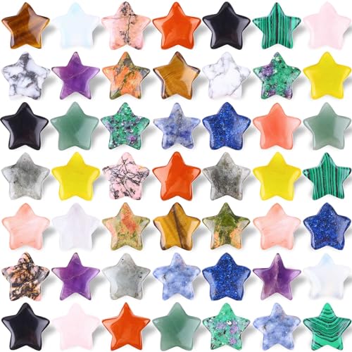 50Pcs Star Shaped Crystal Stones Bulk 0.8inch Worry Stones Mini Star Crystal Assorted Polished Pocket Palm Star Gemstones Bulk for Thumb Meditaion Energy Blancing Diy Jewelry Home Decor（147-150g）