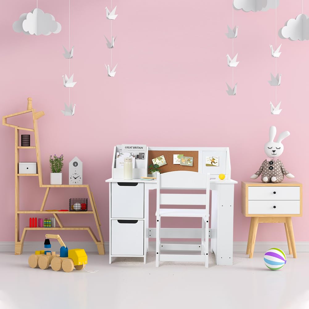 Garvee Ensemble Bureau et Chaise pour Enfants, Bibliothèque, Table et Chaise en Bois avec Étagère de Rangement, Table d'étude pour Chambre Enfant de 3 à 8 Ans