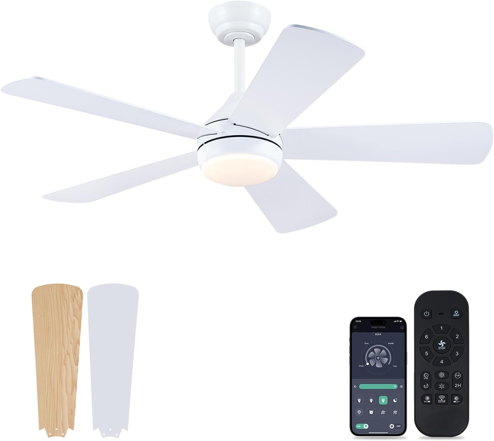 Asyko42" White Ceiling Fan with Lights with Remote/App Controller, Indoor Outdoor Low Profile Ceiling Fan, Reversible DC Motor, 6 Speeds with 5