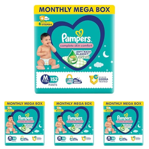 Image of Pampers Complete Skin Comfort Pants, (M) 152 Count, Anti-rash blanket, Lotion with Vitamin E & Aloe Vera, Medium size baby diapers, 7-12kg (Pack of 4)