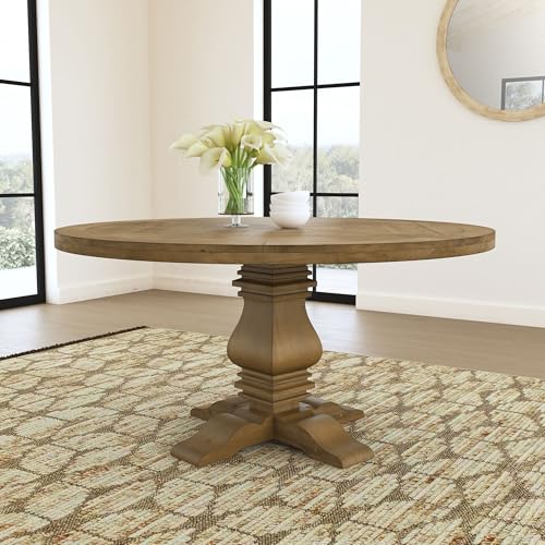 Image of Coaster Home Furnishings - Florence - Pine Wood - Farmhouse Pedestal Round Dining Table with Curved Legs - Dining Room & Kitchen - 60 Inch - Rustic Honey - 180200