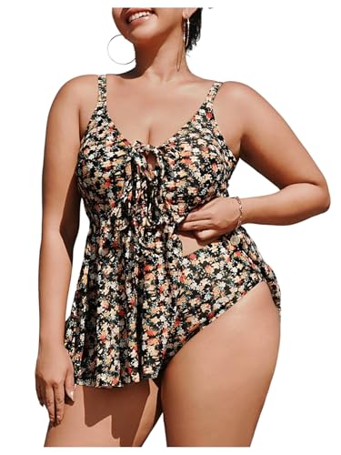 Verdusa Women's Plus Size 2 Piece Boho Floral Tankini Set Bow Tie Peplum Tops with Bottoms Swimsuit