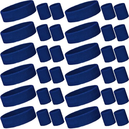 36 Pcs Neon Sweatbands Set 12 Headbands 24 Wristbands, Dark Blue, Small