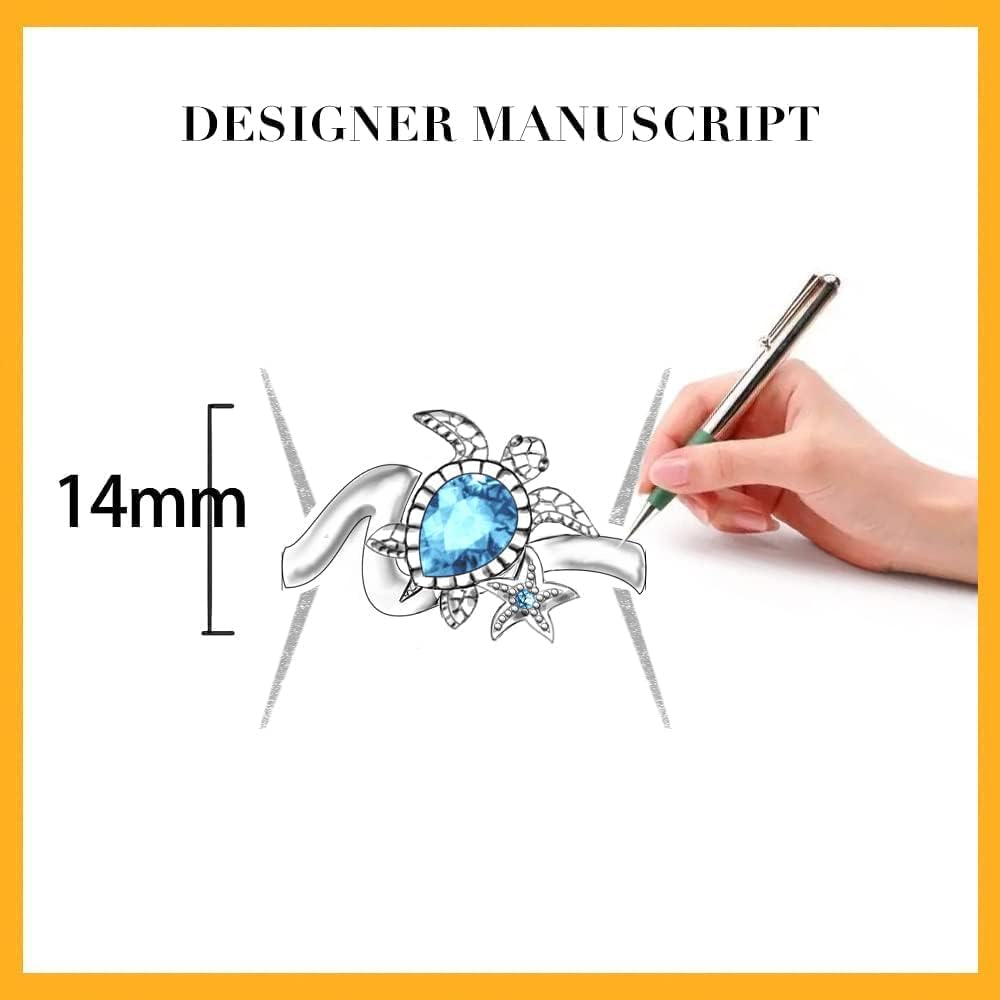 Wave Sea Turtle Ring Sterling Silver Sapphire Jewelry Ocean Themed Starfish Blue Zircon Diamond Turtle Rings Gifts for Women Sister Friend Mom Size 6 7 8 9 10 - Image 4