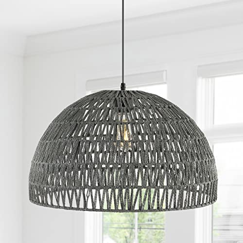 Image of JONATHAN Y 20 inch Gray Modern Bohemian Woven Rope LED Pendant Light Fixture, Adjustable Dome Ceiling Lamp for Kitchen Island, Rope Shade, Coastal Farmhouse Decor (JYL6504D)