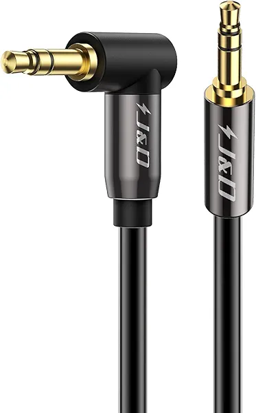 J&D 3.5mm Stereo Audio Aux Jack to Jack Gold Plated Cable 90 Degree Right Angle Compatible for iPhone, Galaxy, Speakers or All Other Devices, 10 Feet