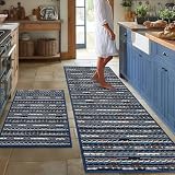 Kitchen Rugs Sets of 2-Non Slip Kitchen Mats for Floor-Thick Stain Resistant Vintage Kitchen Floor Mat Runner Carpet for Hallways Entryway Laundry Room Washable（Navy Blue 22"x59"+20"x32"）