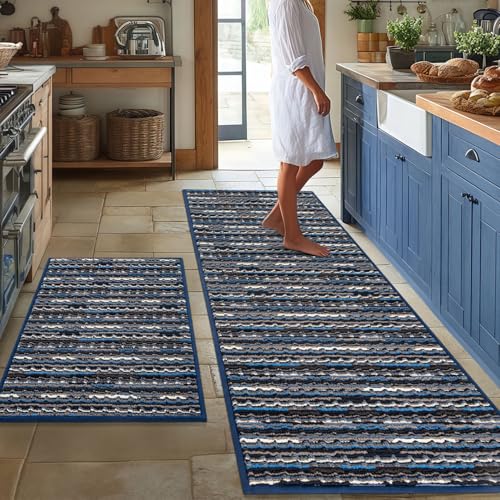 Kitchen Rugs Sets of 2-Non Slip Kitchen Mats for Floor-Thick Stain Resistant Vintage Kitchen Floor Mat Runner Carpet for Hallways Entryway Laundry Room Washable(Navy Blue 22"x59"+20"x32")