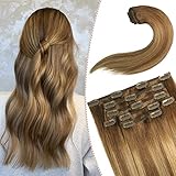 VARIO Clip in Extensions Echthaar Balayage (18 Zoll/45M) #4T27P4 Schokobraun bis Dunkelblond Highlights 70G 7PCS Essentials für Dating Echthaar Extensions Clip in