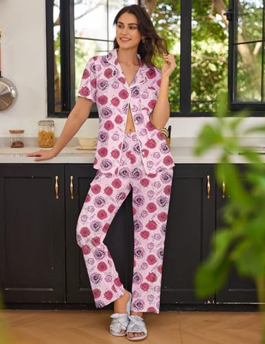 Image of Ekouaer 2 Pack:Womens Pajamas Short Sleeve Pjs Notch Collar Button Up Loungewear Cozy Sleepwear Sets