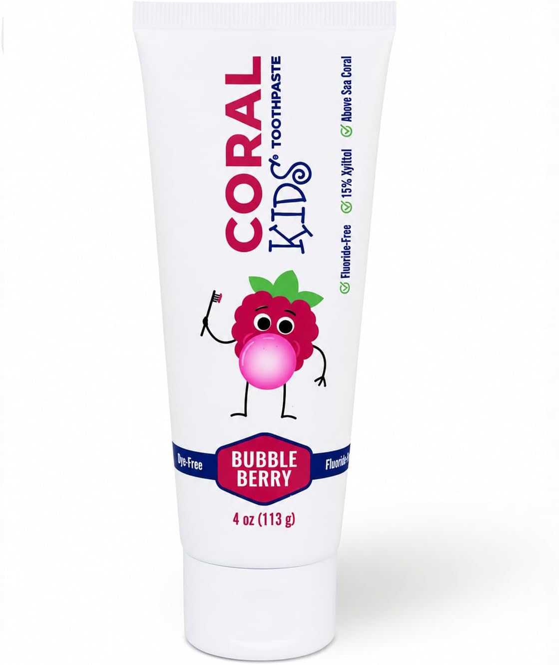 Kids Fluoride Free Toothpaste Coral White Made in USA Bubble Berry 4 oz