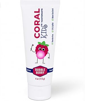 Kids Fluoride Free Toothpaste Coral White Made in USA Bubble Berry 4 oz