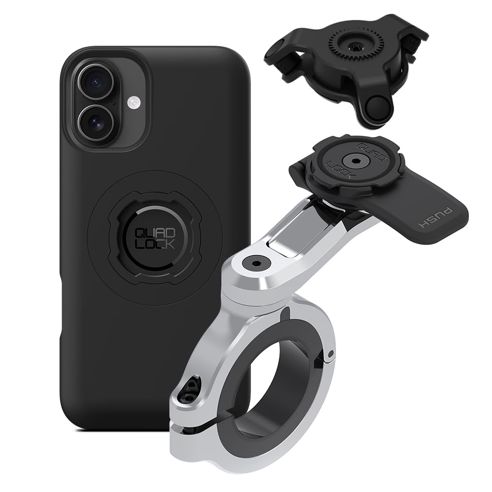 Quad Lock Motorcycle Handlebar Phone Mount PRO Chrome - Large with Vibration Dampener and MAG Phone Case for iPhone 16 Plus