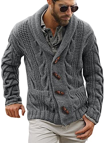 Gafeng Mens Shawl Collar Cable Rib Knitted Button...