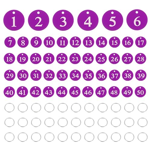 PATIKIL 50PCS Etiquetas Numéricas 1-50, Etiquetas Clave De Mesa De Números Llaveros Metálicos Redondos Numerados De Aluminio Con Anillas Para Organizador Ventas Exteriores Colg Morado