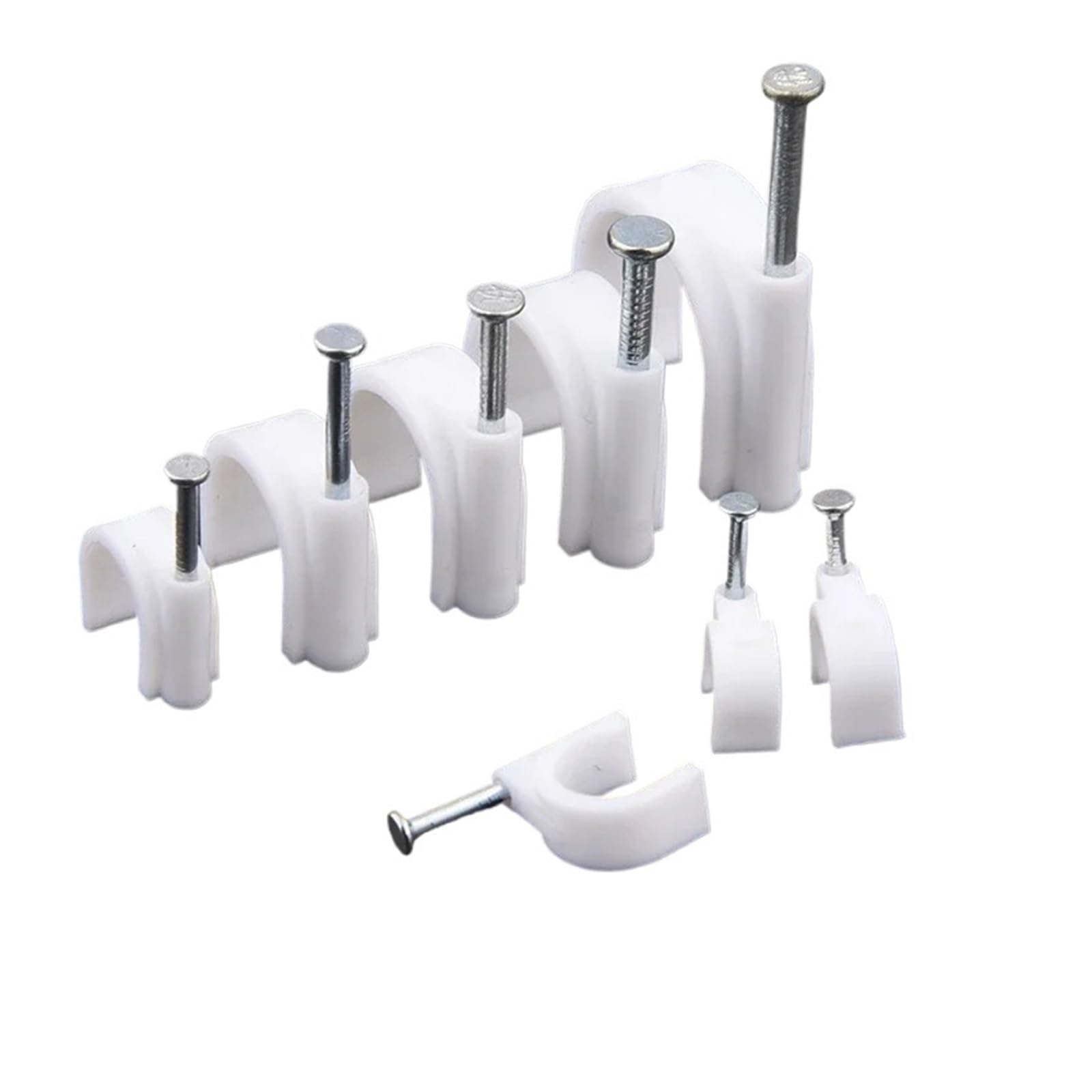 Zaciski do kabli z gwoździami 50 szt., plastikowe zaciski mocowania przewodów ze stalowymi, biały organizer sznurka 4–12 mm(5mm)