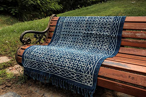 The Art Boc - Indigo Blue Batik Pattern Printed Cotton Small Area Rug ,Indian Dhurrie Carpet , Doormat Mat ,Boho Cotton Area Rug Hand Woven Moroccan Geometric Throw Rugs (4 X 6 Feet) #TOP4