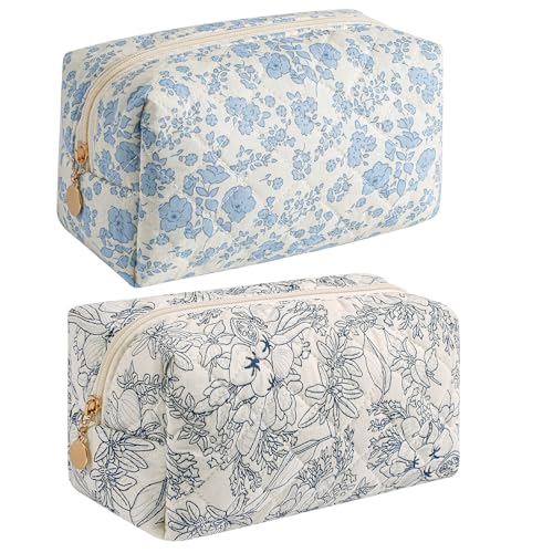 HHQQWZ Makeup Bag Travel Cosmetic Bag for Women Girls, Zipper Make Up Pouch, Floral Flowers Toiletry Organizer Makeup, Portable Storage Bag, Cosmetic Travel Cloth Bag (Blue Floral+Navy Blue Flower)