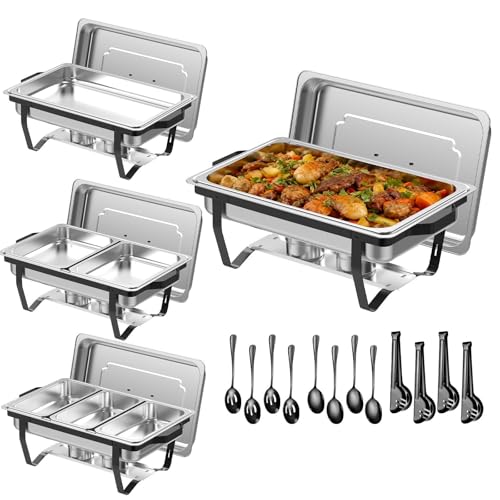 4 Pack 9 Qt Chafing Dishes Buffet Set - Black Stainless Steel Food Warmers with 12 Serving Utensils (Tongs, Ladles, Spoons) for BBQ, Parties, Catering, Weddings, Events