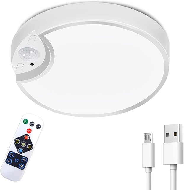 Rechargeable Motion Sensor Light with Remote, 7.5-inch Wireless Ceiling Light Battery Operated, 400LM Battery Powered Lights Indoor, Battery Pir Light for Shed Garage Loft Porch Cupboard Attic Toilet