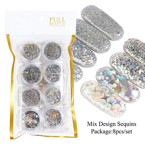 Holographic Nail Glitter Sequins Nail Art Supplies 3D Nails Glitter Flakes Shiny Acrylic Nails Powder Dust Silver Nail Glitters Set For Nails Art Decoration Sparkle Manicure Tips Charms (8 Boxes) #TOP6