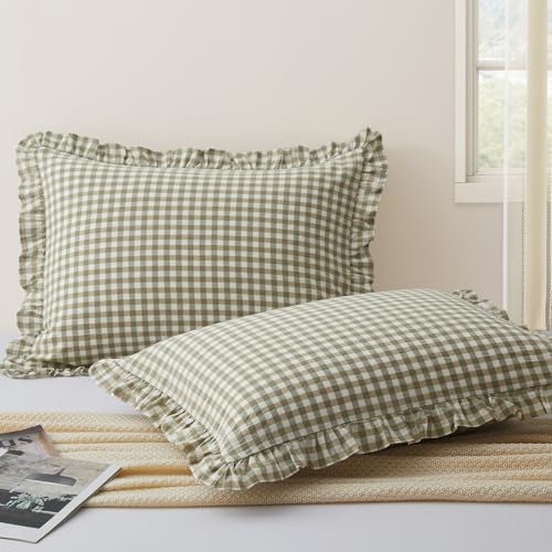 KKJIAF 2 Pcs Plaid Ruffle Pillow Case Standard Size Sage Green Plaid