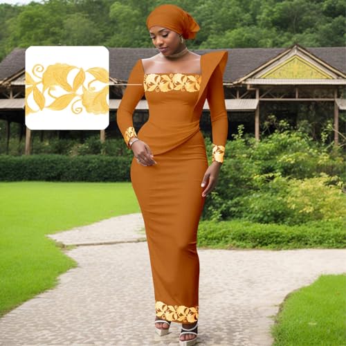 Image of African Dresses for Women High Waist Embroidery Elegant Traditional Midi Dress with Headscarf