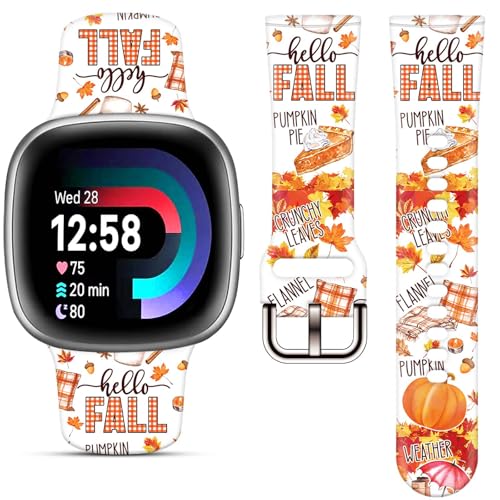 Thanksgiving Fall Watch Band Compatible with Fitbit Versa 4 /Versa 3 /Sense 2 /Sense, Holiday Theme Pumpkin Leaves Replacement Smartwatch Wristband strap for Women Men