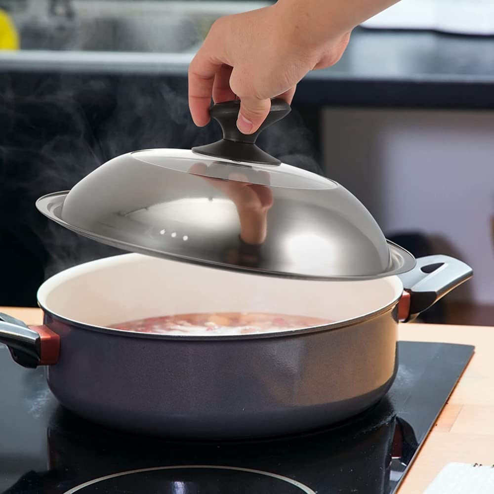 Coperchio universale in acciaio inox per padelle, coperchio visibile, coperchio per pentole e pentole in vetro, 36 cm