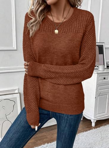Image of EVALESS Womens Sweaters Casual Long Sleeve Crewneck Knit Lightweight Hollow Out Crochet Sweater Pullover Tops