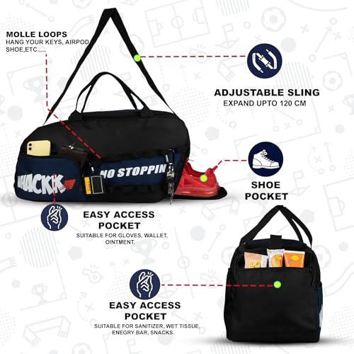 Image of Whackk Arnold 40L Gym & Sports Duffle Bag | Workout, Training & Travel Kitbag with Separate Shoe & Wet-Dry Pocket | Unisex | Lightweight | Made in India (Blue Black)