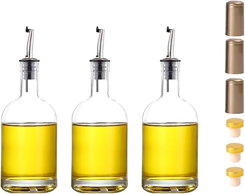 Botellas de vidrio dispensadoras de vino pequeñas de aceite de oliva y vinagre, 6 onzas (6.8 fl oz) con boquilla de acero inoxidable, paquete de 3