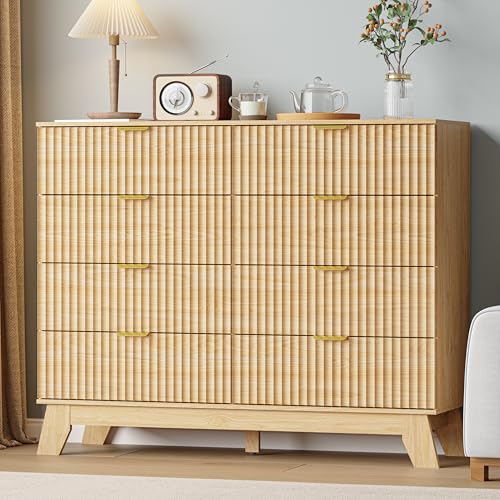 Image of 8 Drawer Dresser for Bedroom, 47''W Fluted Wooden Dresser Storage Cabinet and Chest of Drawers with Metal Handle, Storage Organizer for Living Room, Hallway, Entryway, Wood Color
