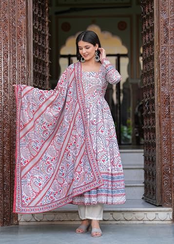 Image of Cotton Anarkali Shiffly Work with Floral Printed Anarkali Kurta Pant with Dupatta