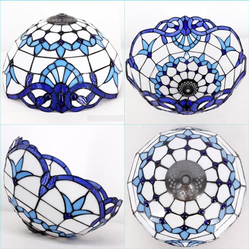 Image of 12 Inch Tiffany Stained Glass Lamp Shade Replacement Only(Blue Baroque) | Stained Glass Style Lampshade with Cap fit for Table lamp Pendant Light Ceiling Fixture