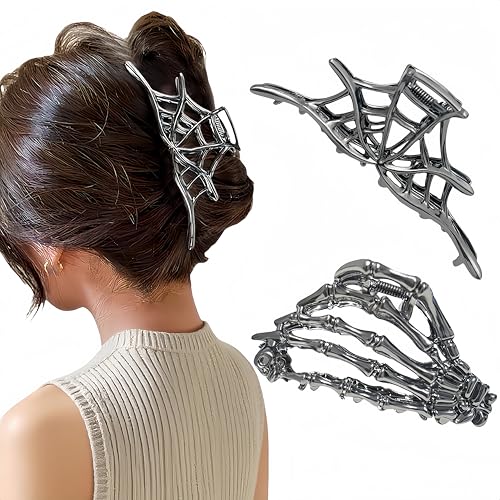 2PCS Large Metal Skeleton Hand Skull Black Spider Net Hair Claw Clips for Women and Girls, Halloween Hair Claw Clips for Styling Hair Accessories Cosplay Party Decorations (Style A)