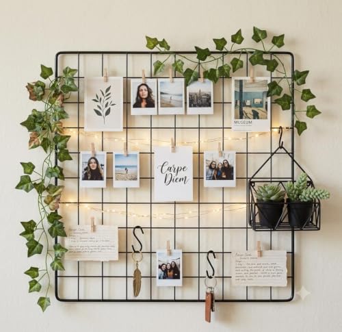 Image of Metal Wire Grid Photo Display Frame for Wall | 30 x 30 CM Black Iron Mesh Memo Board | Wall Mounted Picture Organizer for Photos, Notes, Postcards, Artwork, Home Office Bedroom Decor