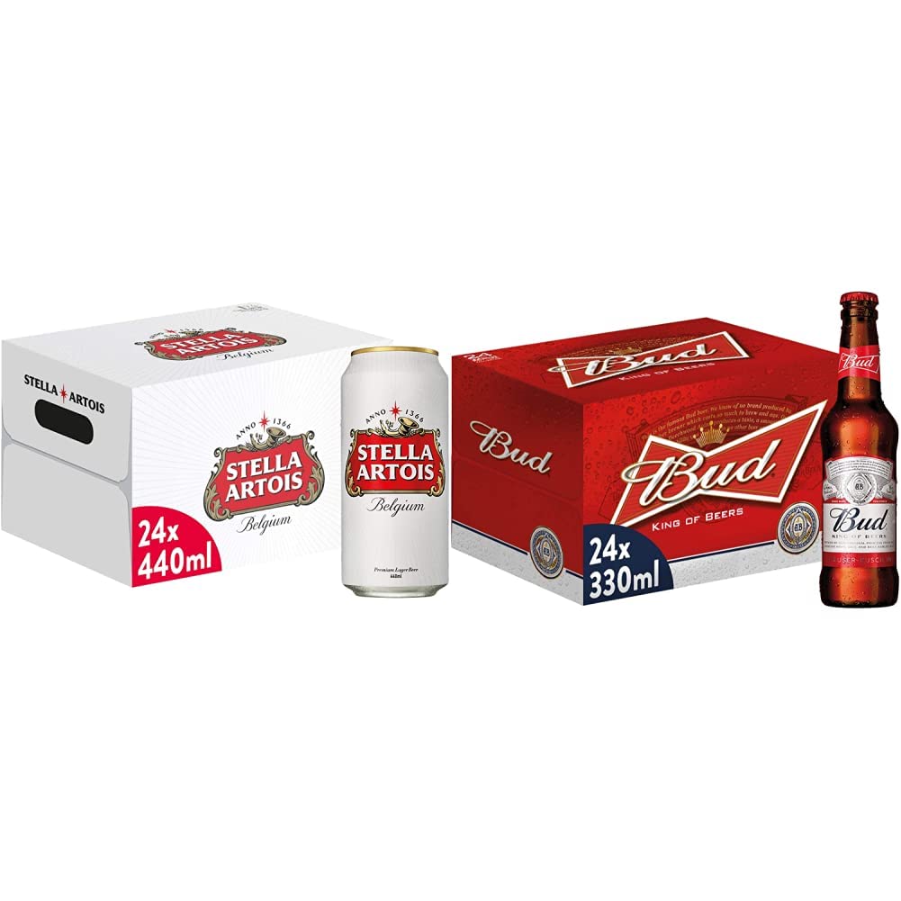 Stella Artois, Birra Lattina - Pacco da 24x44cl & Bud, Birra Bottiglia - Pacco da 24x33cl