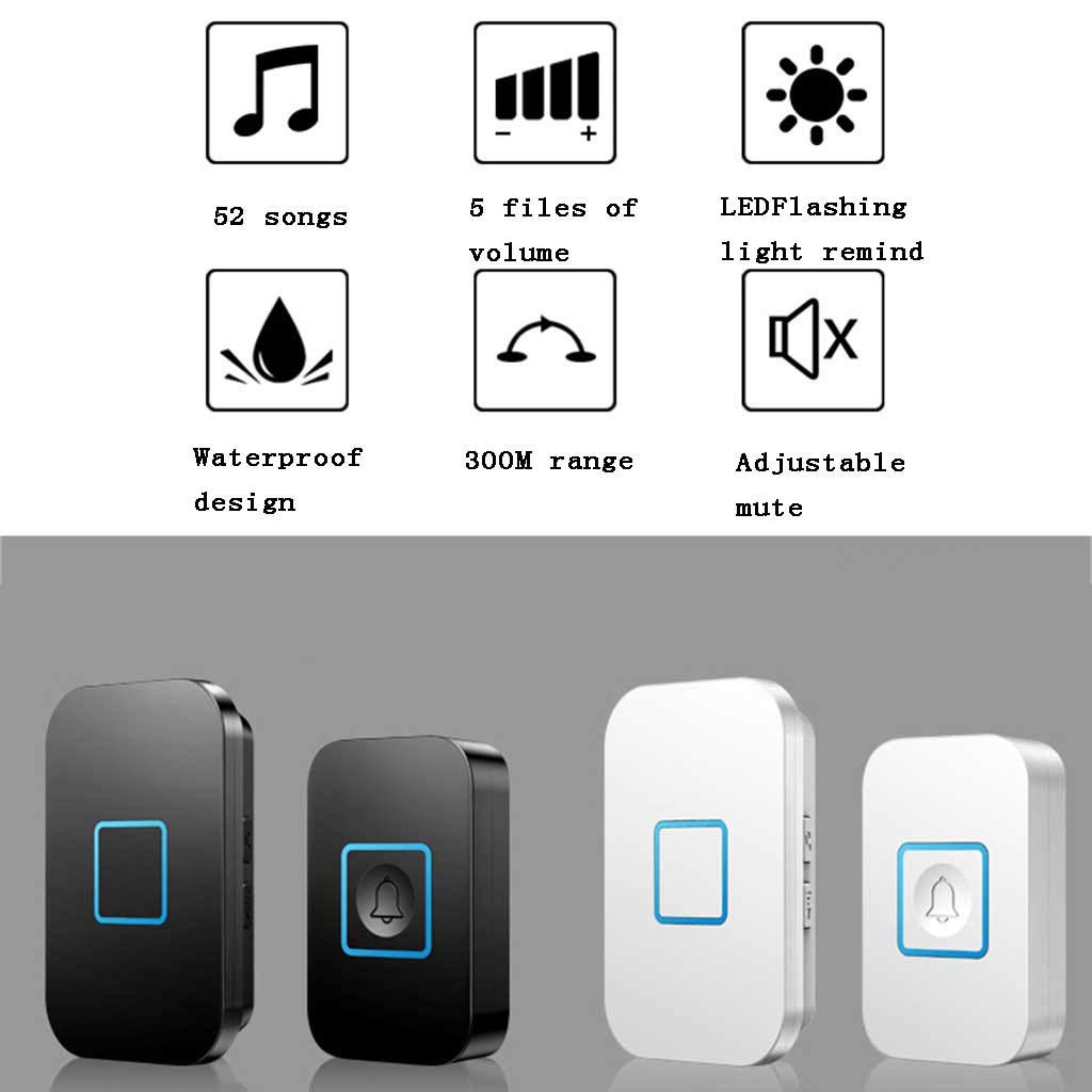 Timbre Inalámbrico Resistente Al Agua, Timbre Inalámbrico Con Control Remoto Tipo Buscapersonas, Alcance De 300 M / 52 Melodías / 5 Niveles De Ajuste De Volumen, 2 Transmisores Y 6 Receptores, Blanco
