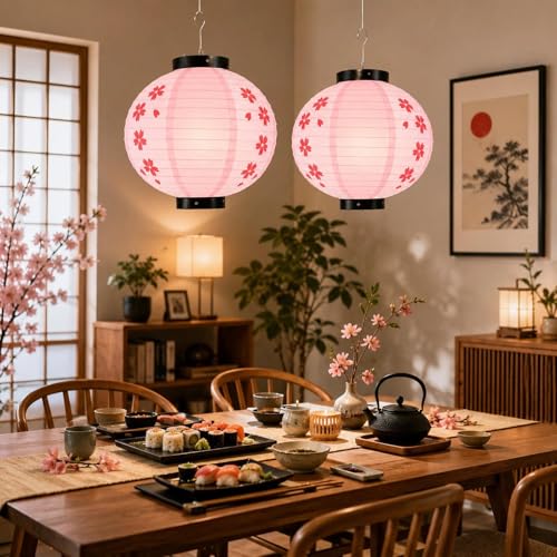 Image of LOGOFUN 2pcs Japanese Style Hanging Lantern Pink (30cm) | Paper Material; Cherry Blossom Pattern; For Sushi Restaurant Indoor Outdoor Decorations
