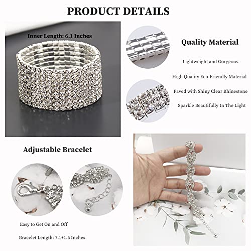 4 PCS Rhinestone Stretch Bracelets for Women Bling Bikini Competition Jewelry Silver Bridal Sparkly Wedding Strand Tennis Bracelet Set 5
