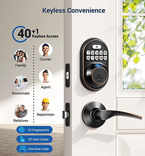 Veise Fingerprint Door Lock With 2 Lever Handles - Keyless Entry Door Lock, Keypad Door Lock With Handle, Electronic Deadbolt Front Door Lock Set, Auto Lock, Easy Installation, Oil Rubbed Bronze #TOP2